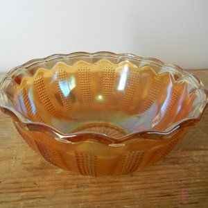Vintage Orange Marigold Iridescent Scalloped Rim Beaded & Ribbed 7 1/2" Bowl